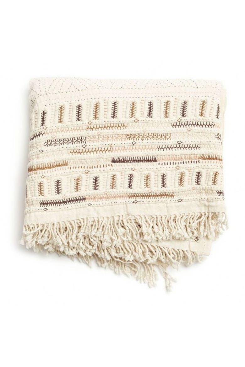 Unah Coral Fully Hand Embroidered Handwoven Organic Cotton Throw, Main, color, Coral/Red