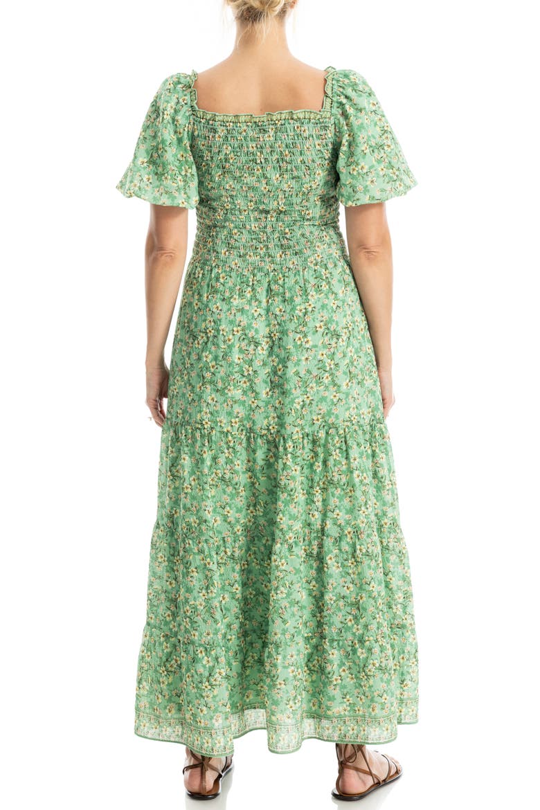 Print Smocked Puff Sleeve Maxi Dress, Alternate, color, GREEN TOSSED MEADOW