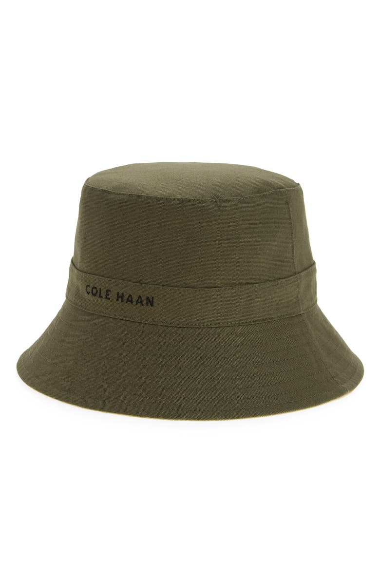 Cole Haan Embroidered Reversible Cotton Bucket Hat, Main, color, Olive/ Beige
