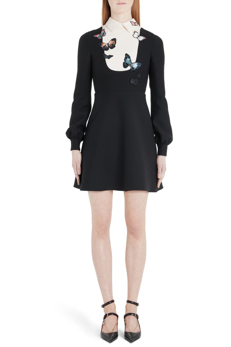 Butterfly Embroidered Long Sleeve Contrast Bib Minidress, Main, color, 0NA-BLACK/ IVORY