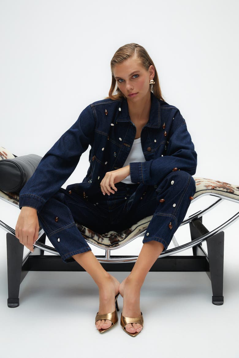 Seashell Designed Jean Jacket, Alternate, color, Navy Blue