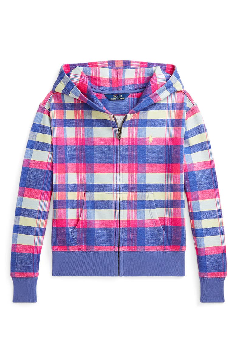 Polo Ralph Lauren Kids' Plaid Cotton French Terry Full Zip Hoodie, Main, color, Purple Multi