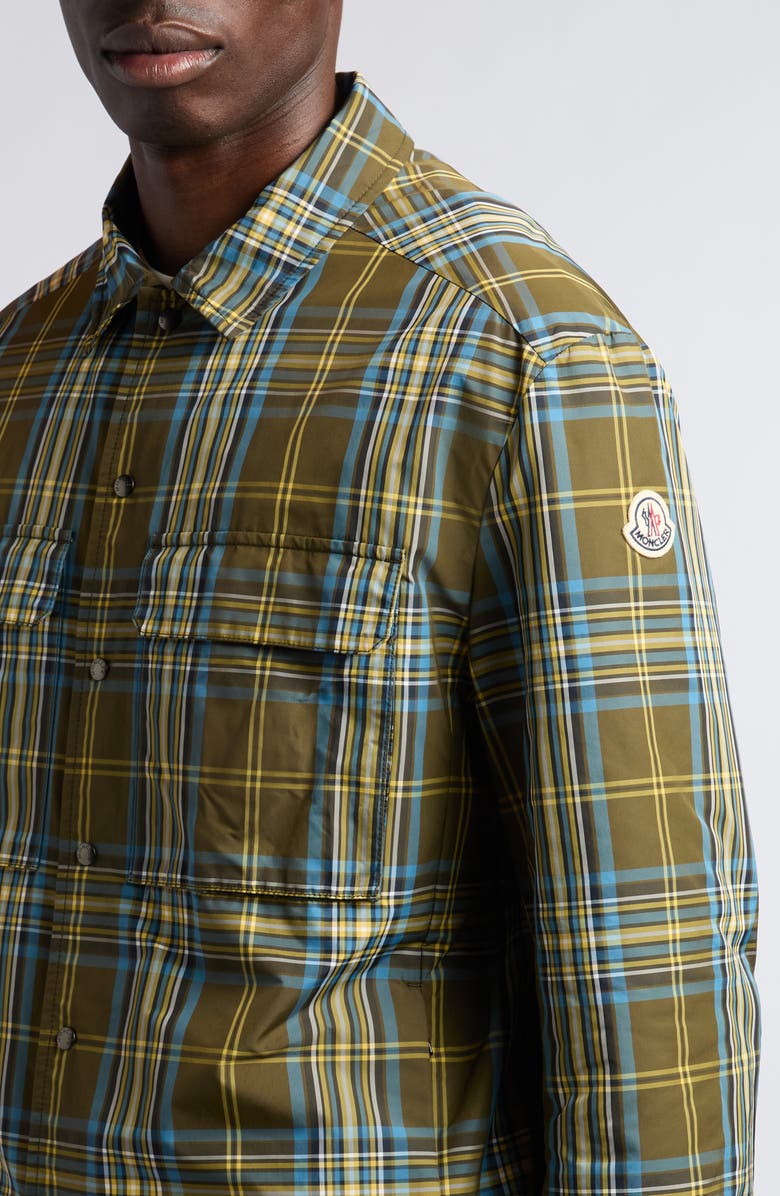 Moncler Plaid Nylon Snap-Up Shirt, Alternate, color, Green