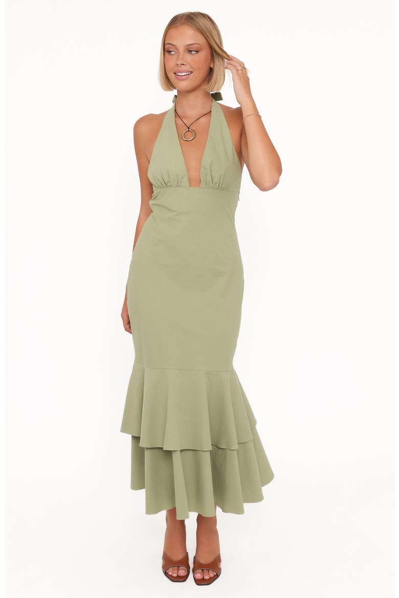 Robyn Plunge Halter Neck Cotton Maxi Dress, Alternate, color, OLIVE GREEN