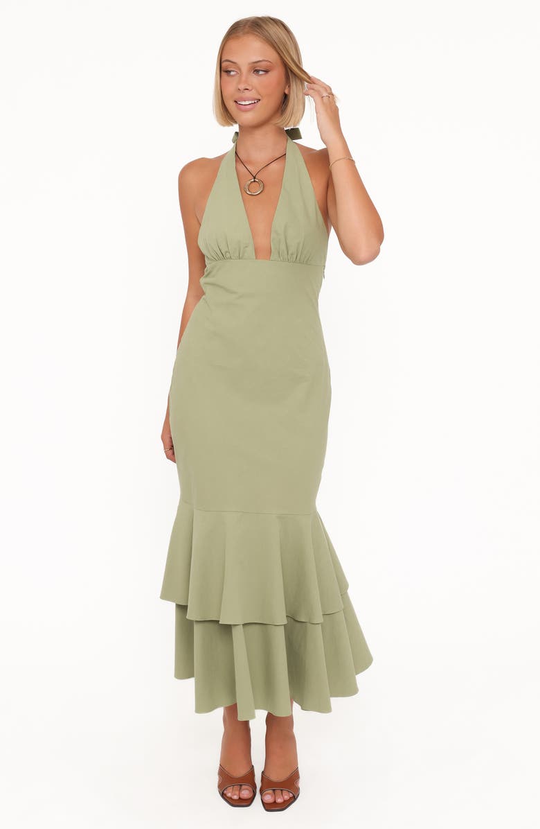 Petal & Pup Robyn Plunge Halter Neck Cotton Maxi Dress, Alternate, color, Olive Green