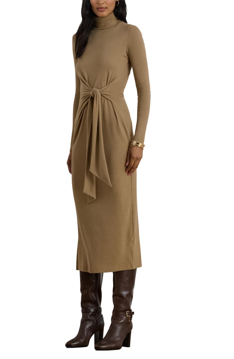 Lauren Ralph Lauren Long Sleeve Turtleneck Tie Front Dress, Main, color, Classic Camel