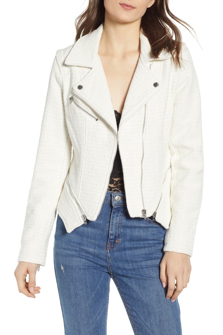 Tweed Fitted Zipper Moto Jacket, Main, color, OFF WHITE