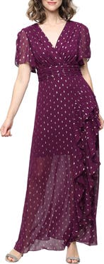 SL FASHIONS Short Sleeve Foil Dot Chiffon Gown