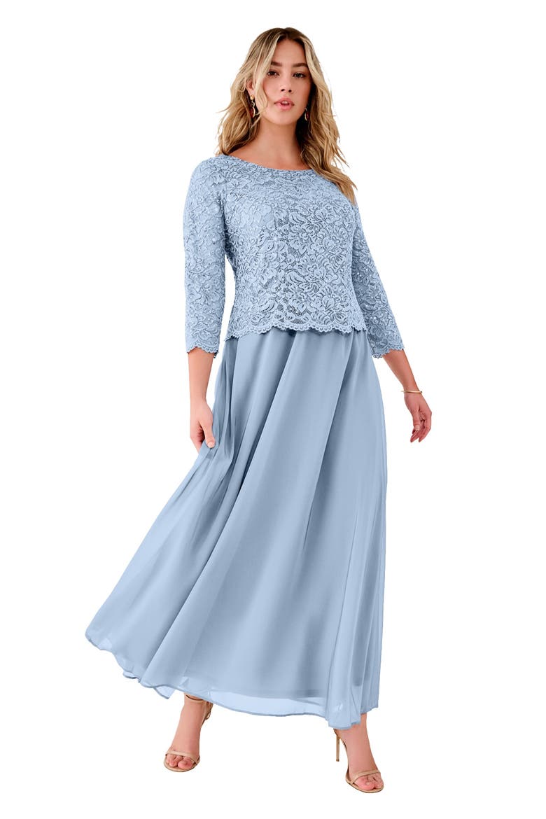 Plus Size Sequin Lace Three Quarter Sleeve A-Line Gown, Main, color, PALE BLUE