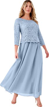 Roaman's Plus Size Sequin Lace Three Quarter Sleeve A-Line Gown