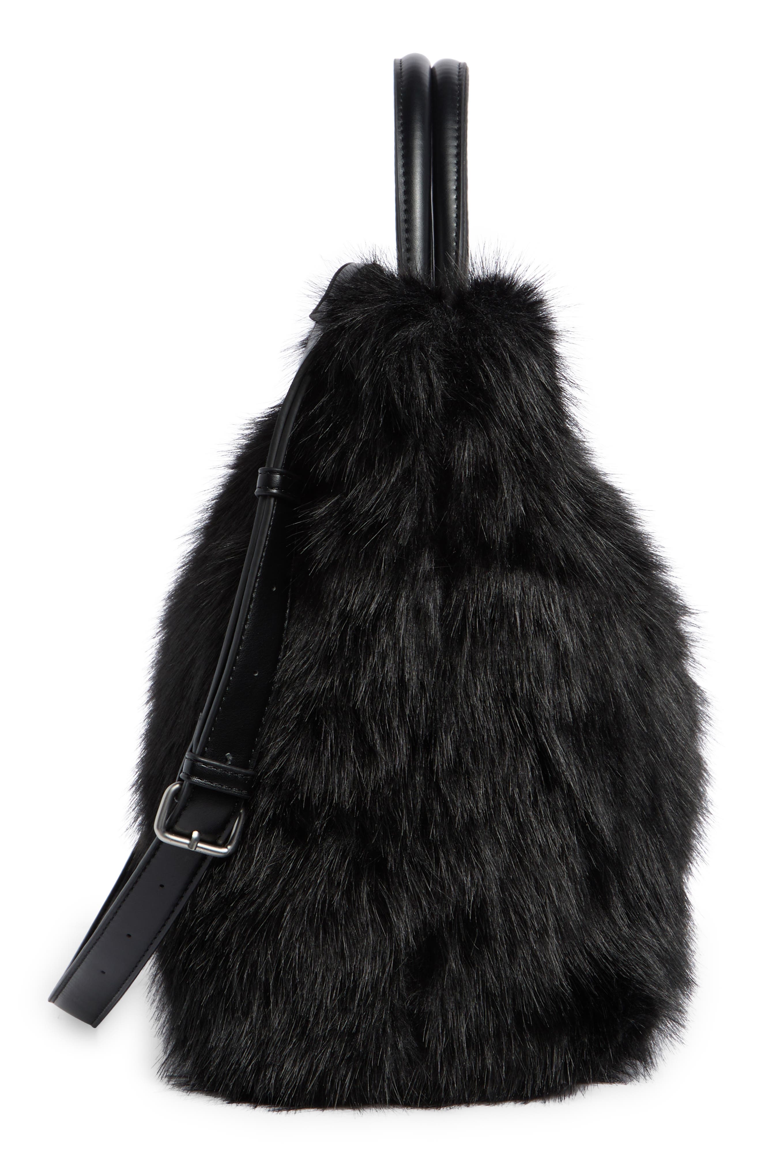 BCBG Faux Fur Tote Bag with Pouch, Alternate, color, Black