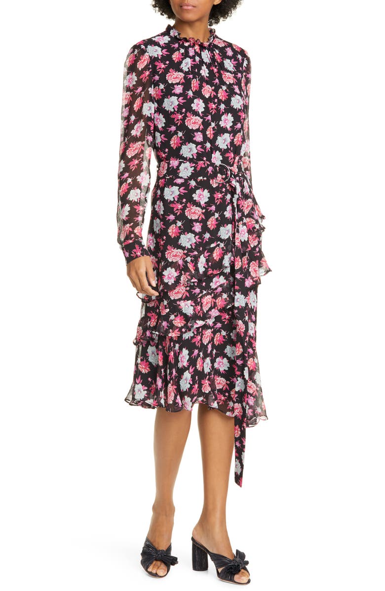 JASON WU Floral Print Asymmetrical Long Sleeve Silk Dress, Main, color, 