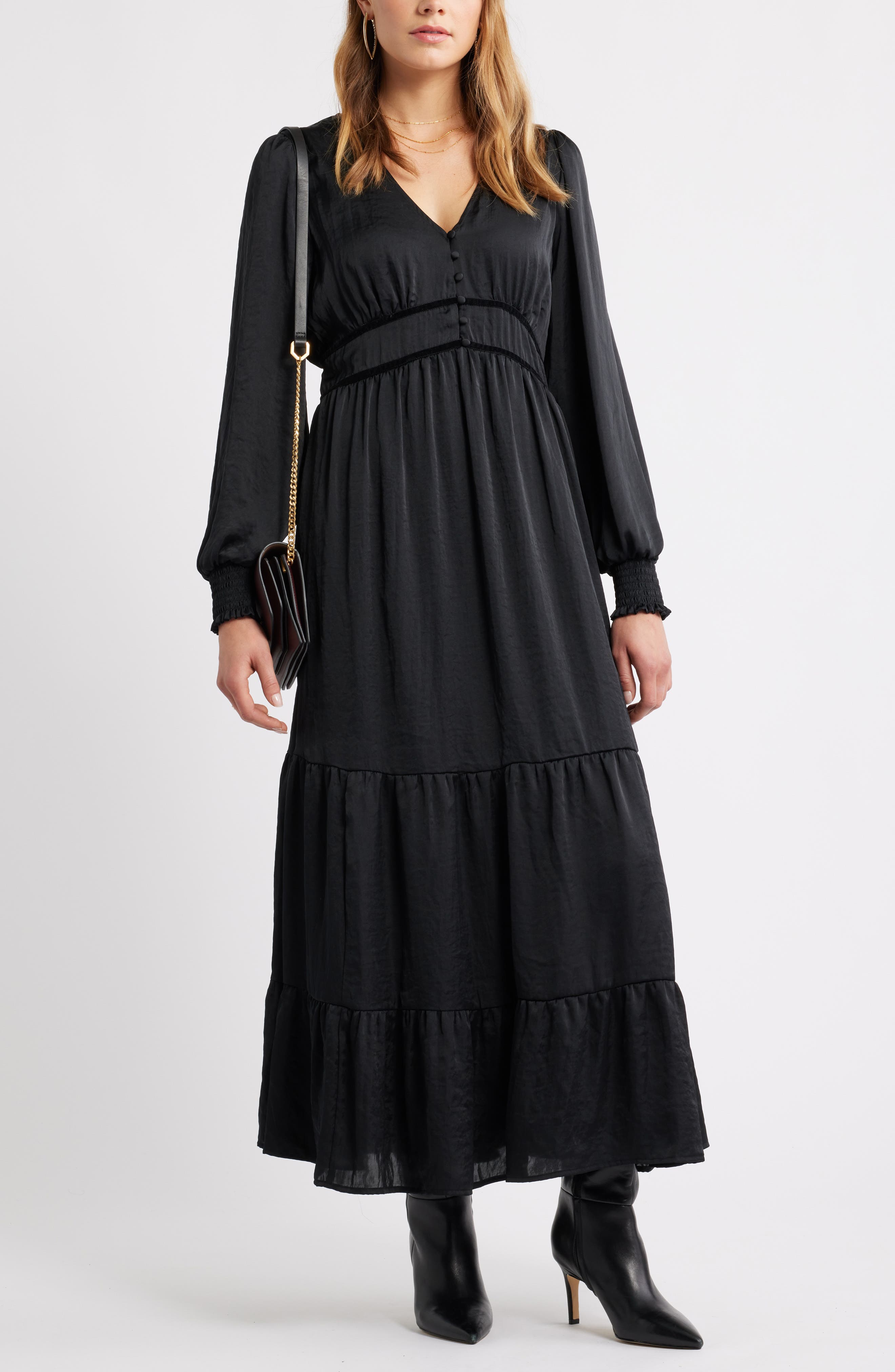 Treasure & Bond Smocked Cuff Long Sleeve Satin Maxi Dress
