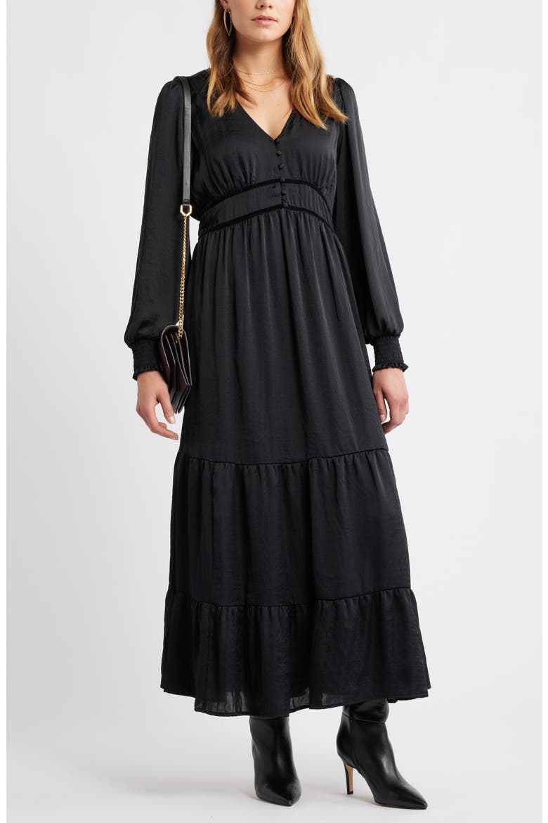Smocked Cuff Long Sleeve Satin Maxi Dress, Main, color, BLACK