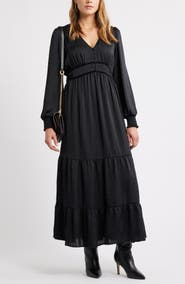 Treasure & Bond Smocked Cuff Long Sleeve Satin Maxi Dress