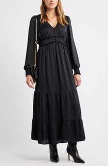 Treasure & Bond Smocked Cuff Long Sleeve Satin Maxi Dress