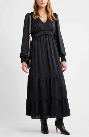 Treasure & Bond Smocked Cuff Long Sleeve Satin Maxi Dress
