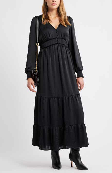 Treasure & Bond Smocked Cuff Long Sleeve Satin Maxi Dress