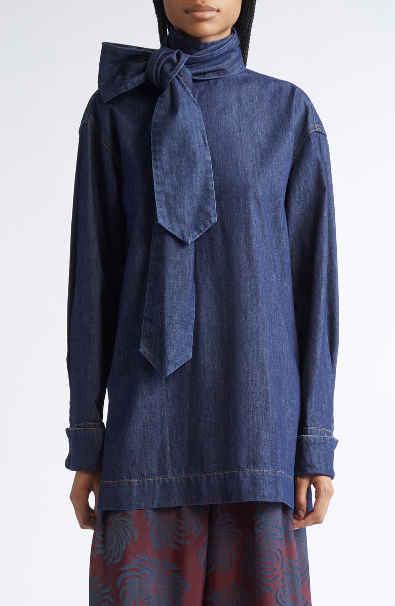 Dries Van Noten Chaddy Pussy Bow Denim Shirt, Main, color, Indigo