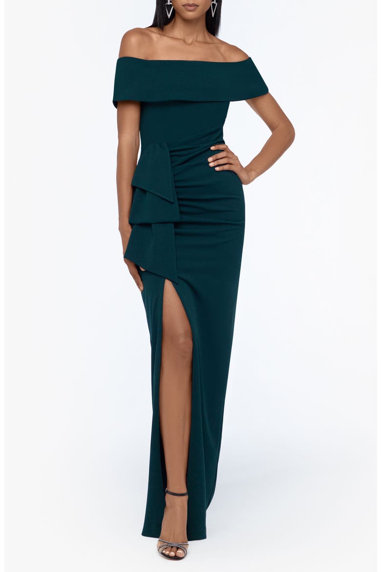 Ruched Off the Shoulder Crepe Gown, Main, color, PINE