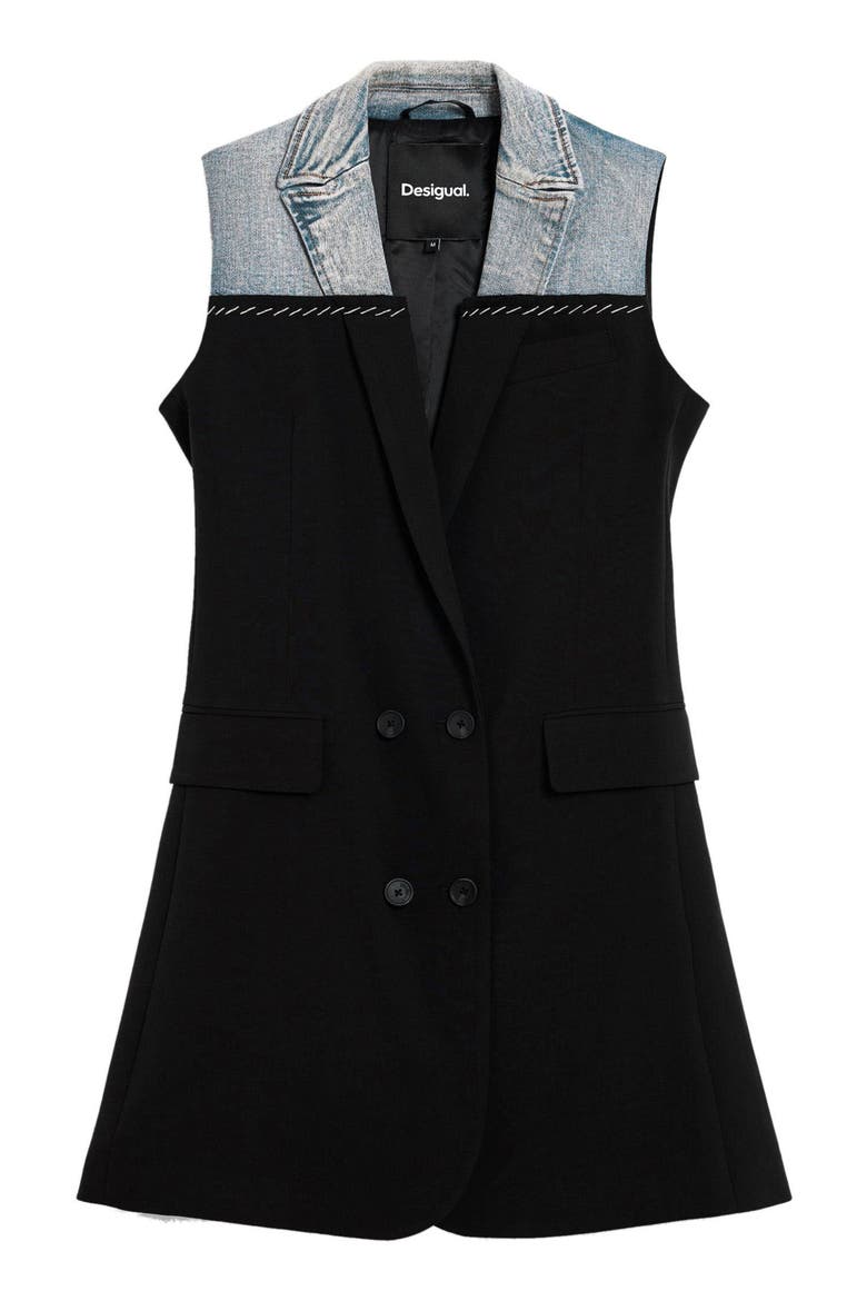 Mixed Media Sleeveless Double Breasted Blazer Minidress, Alternate, color, BLACK