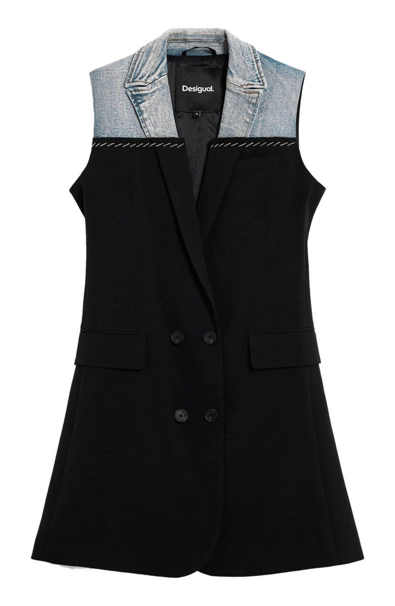 Desigual Mixed Media Sleeveless Double Breasted Blazer Minidress, Alternate, color, Black