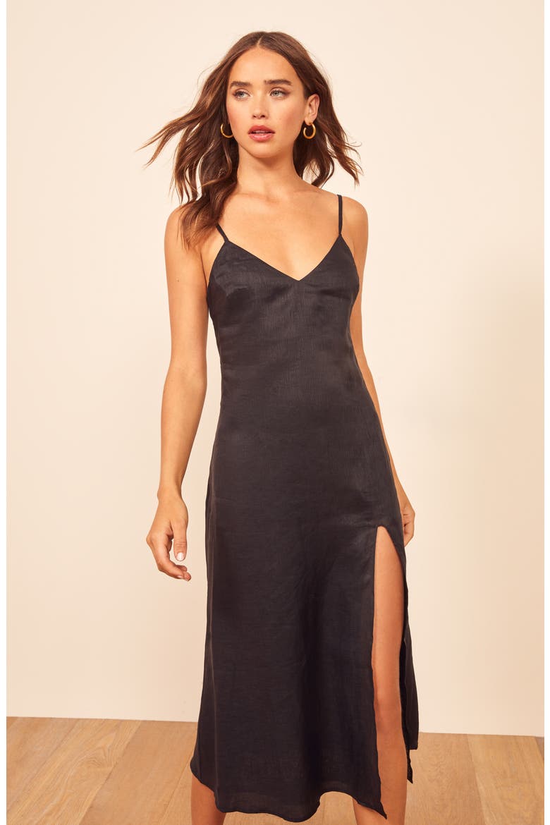 Brianna Side Slit Linen Dress, Alternate, color, BLACK