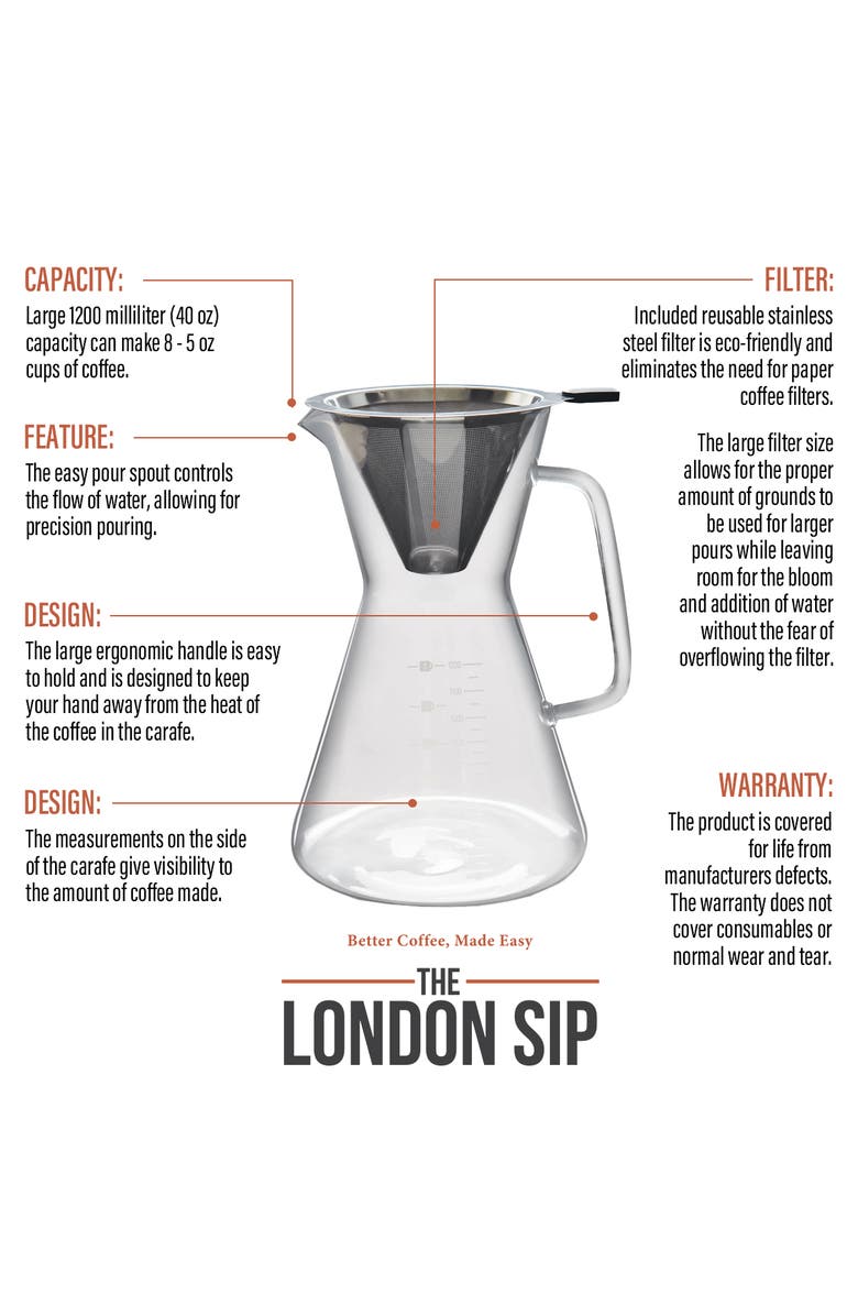 London Sip Glass Pour Over Carafe w/ Reusable Filter, 1200ml, Alternate, color, Clear