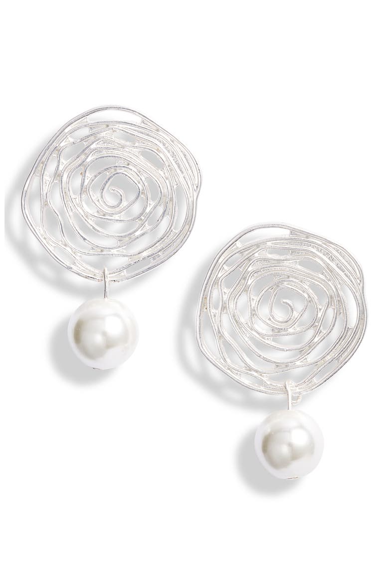 Flower Swirl Cultured Pearl Drop Earrings, Main, color, SILVER