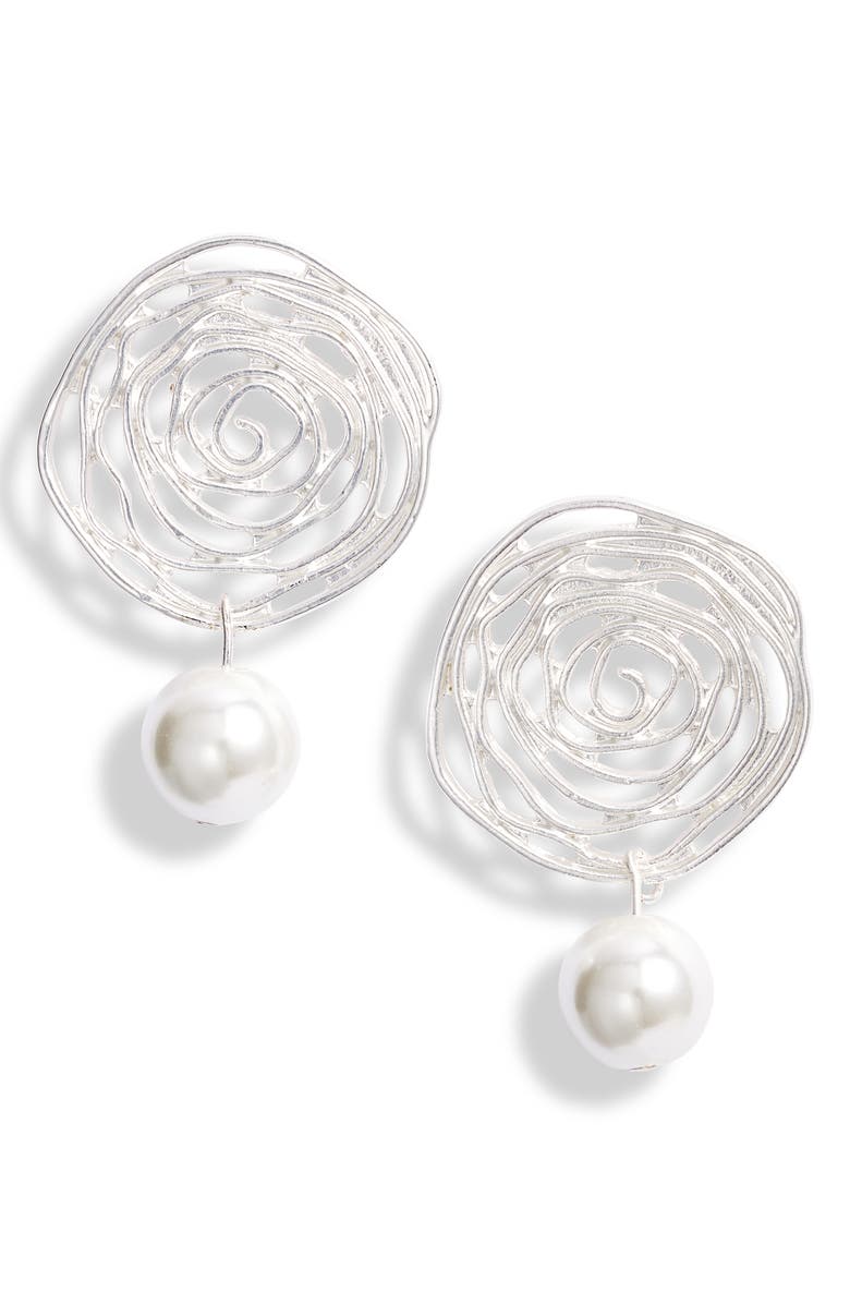 Karine Sultan Flower Swirl Cultured Pearl Drop Earrings, Main, color, 