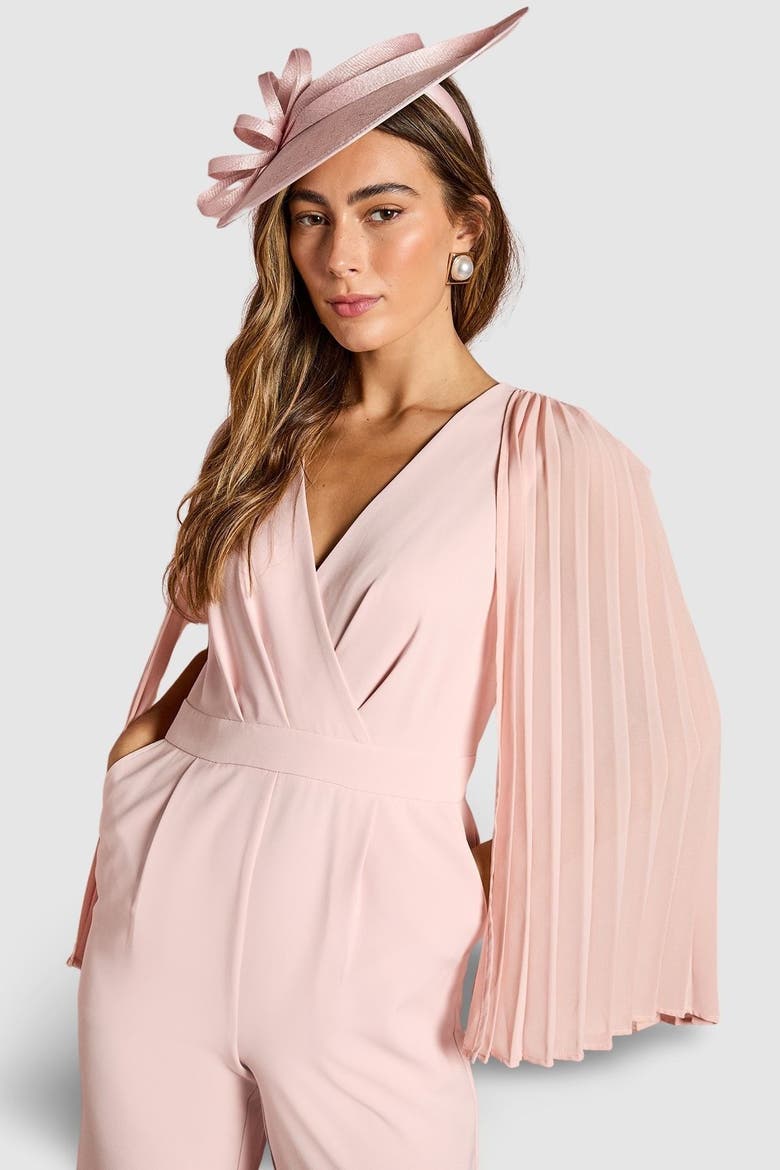 V Neck Pleated Long Sleeve Jumpsuit, Alternate, color, Blush