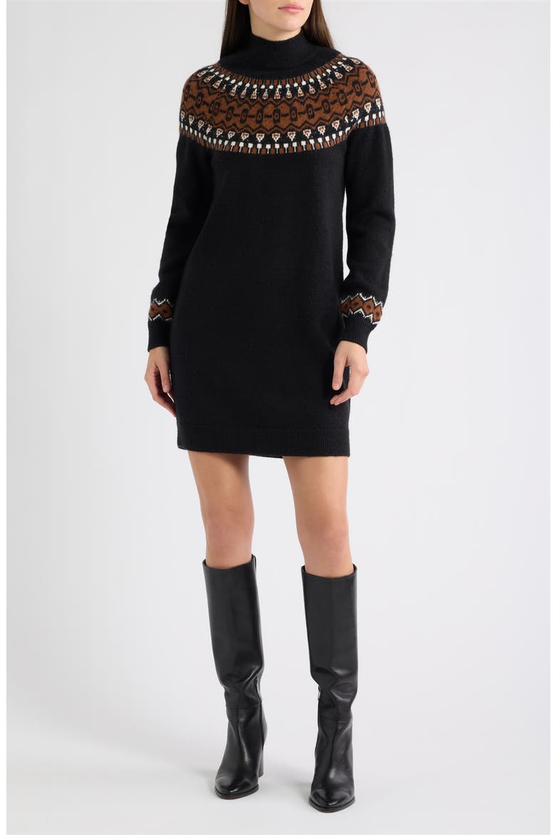 Fair Isle Long Sleeve Sweater Dress, Main, color, BLACK