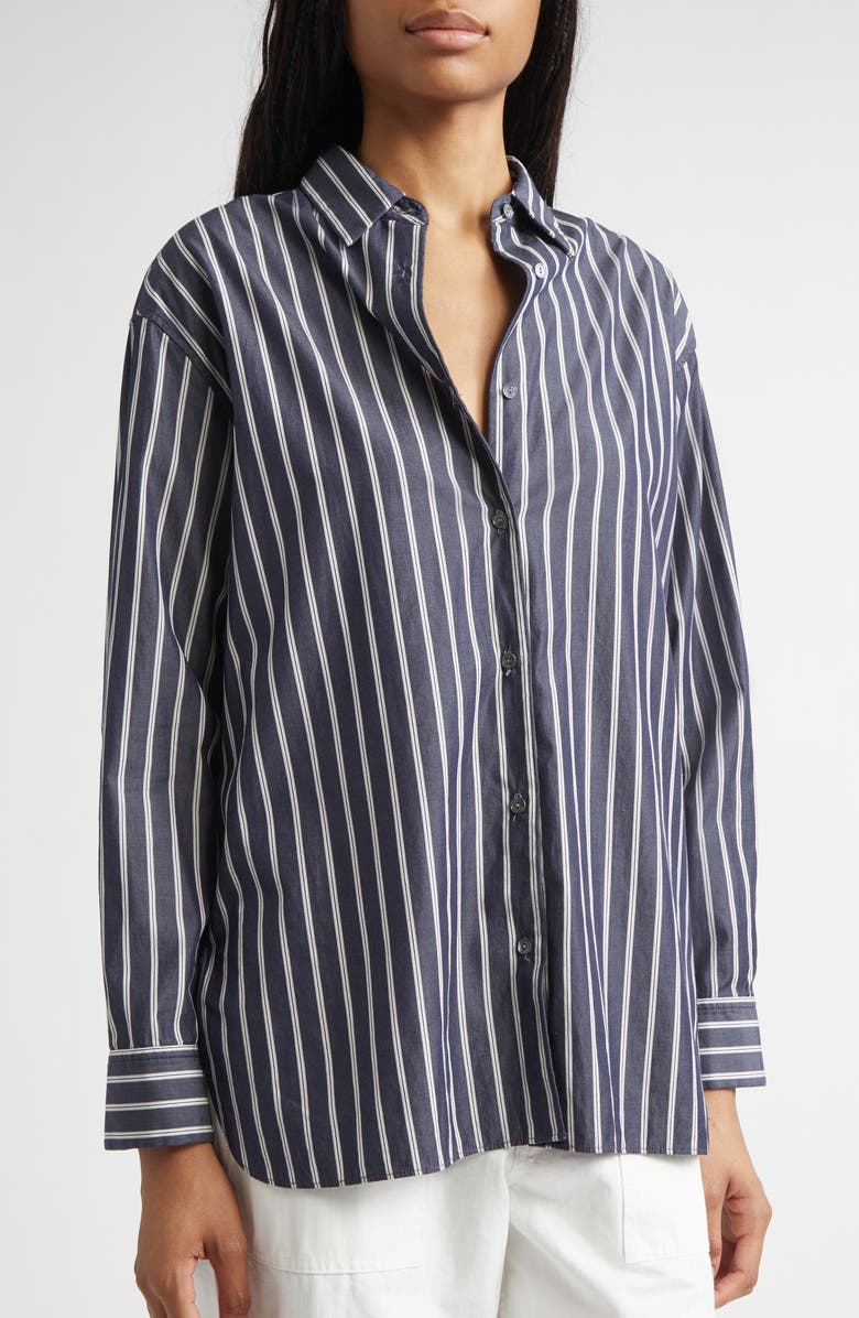 Nili Lotan Yorke Stripe High-Low Cotton Poplin Button-Up Shirt, Alternate, color, Charcoal Stripe