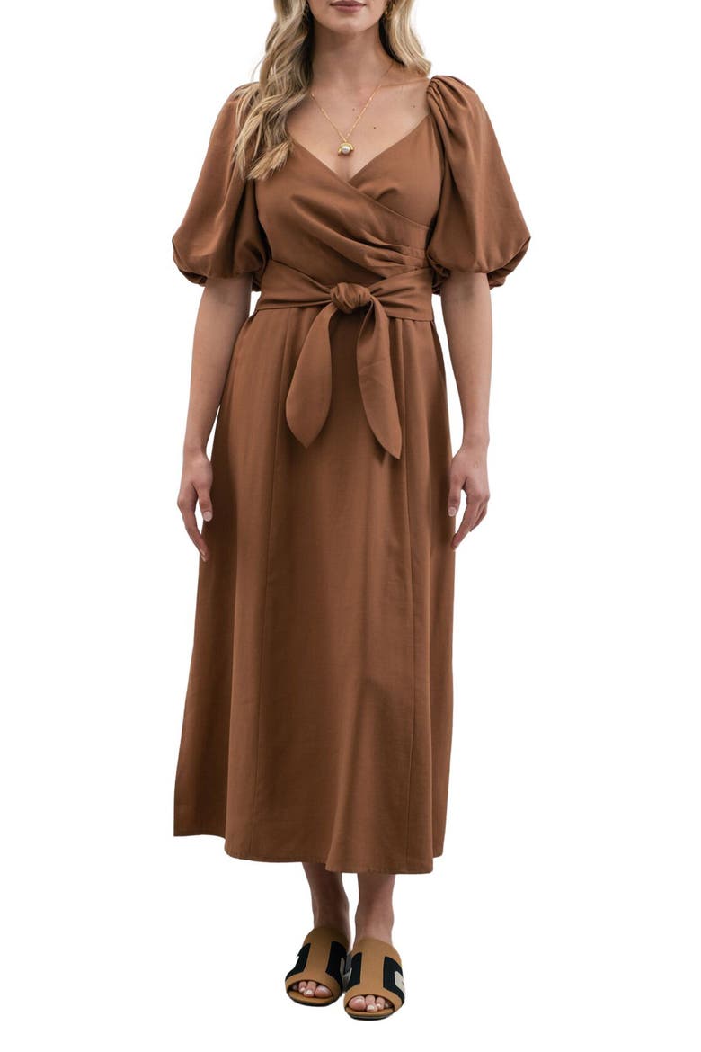 Puff Sleeve A-Line Dress, Main, color, BROWN