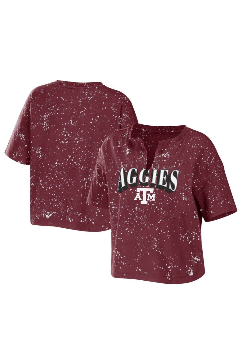 Women's WEAR by Erin Andrews Maroon Texas A&M Aggies Bleach Wash Splatter Cropped Notch Neck T-Shirt, Main, color, Maroon