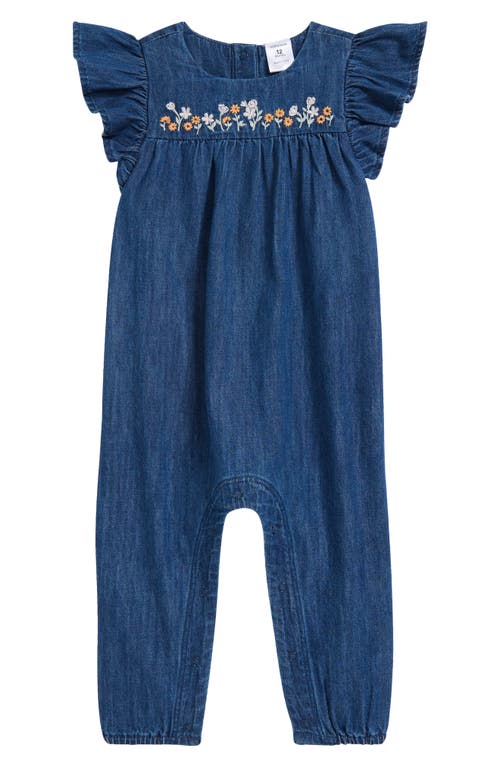 Nordstrom Embroidered Flutter Sleeve Denim Romper In Sapphire Wash Flower Field