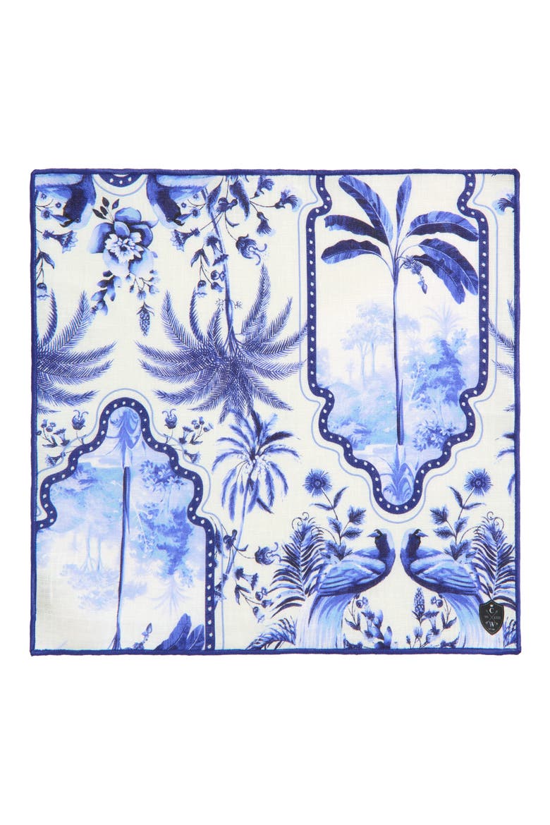Blue & White Palms Linen Pocket Square, Alternate, color, BLUE