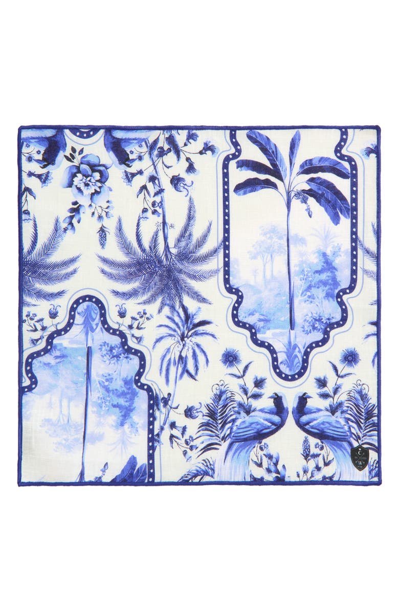 CLIFTON WILSON Blue & White Palms Linen Pocket Square, Alternate, color, Blue