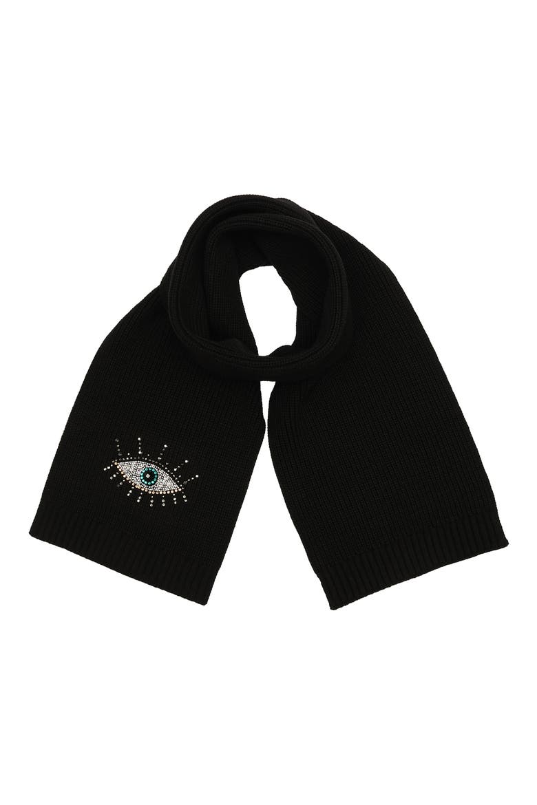 Evil Eye Crystal Embellished Scarf, Main, color, BLACK