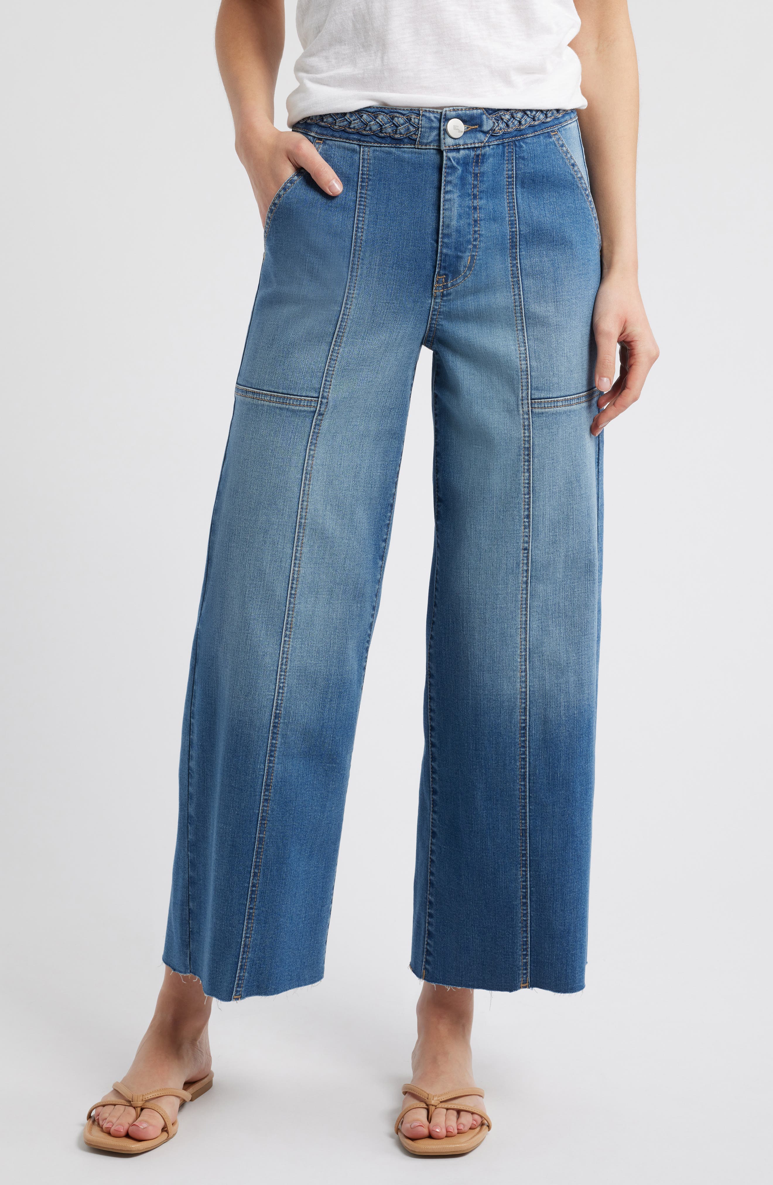 1822 Denim Raw Hem Patch Pocket High Waist Wide Leg Jeans in Bolt 