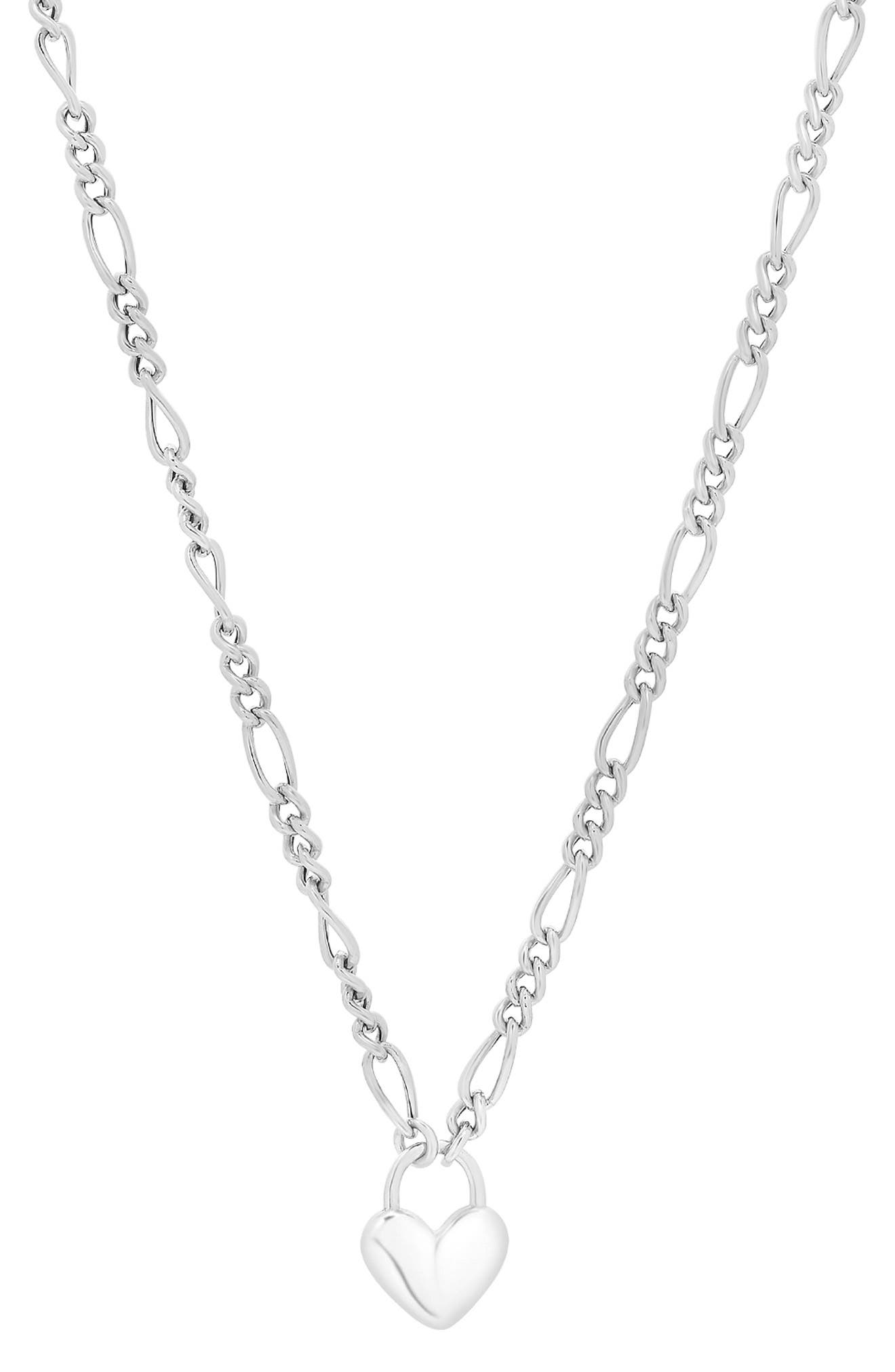 KARAT RUSH Rhodium Plated Sterling Silver Figaro Chain Heart Pendant Necklace