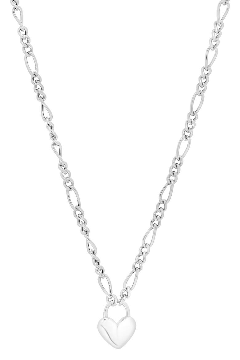 Rhodium Plated Sterling Silver Figaro Chain Heart Pendant Necklace, Main, color, RHODIUM WHITE