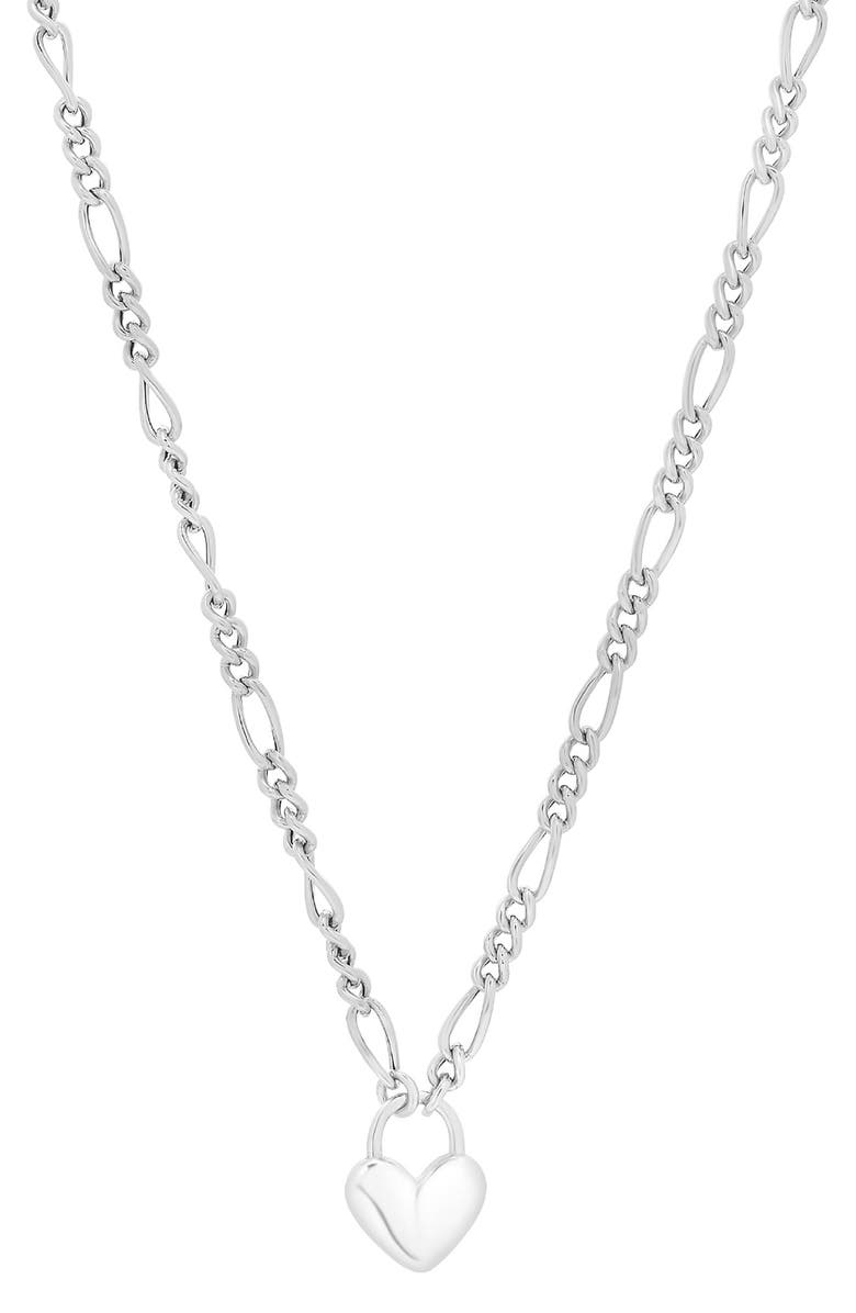 KARAT RUSH Rhodium Plated Sterling Silver Figaro Chain Heart Pendant Necklace, Main, color, Rhodium White