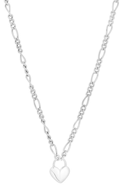 Rhodium Plated Sterling Silver Figaro Chain Heart Pendant Necklace