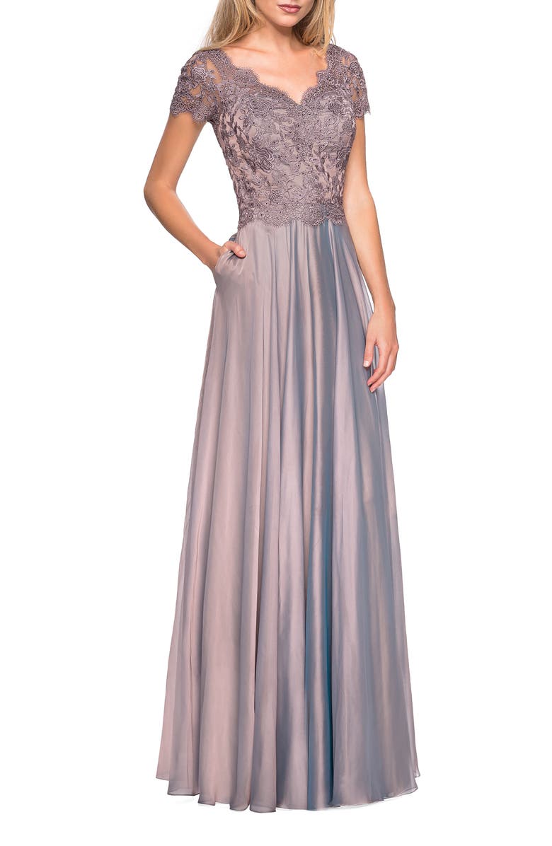 La Femme Long Chiffon Dress with Lace Bodice and Pockets, Main, color, Cocoa