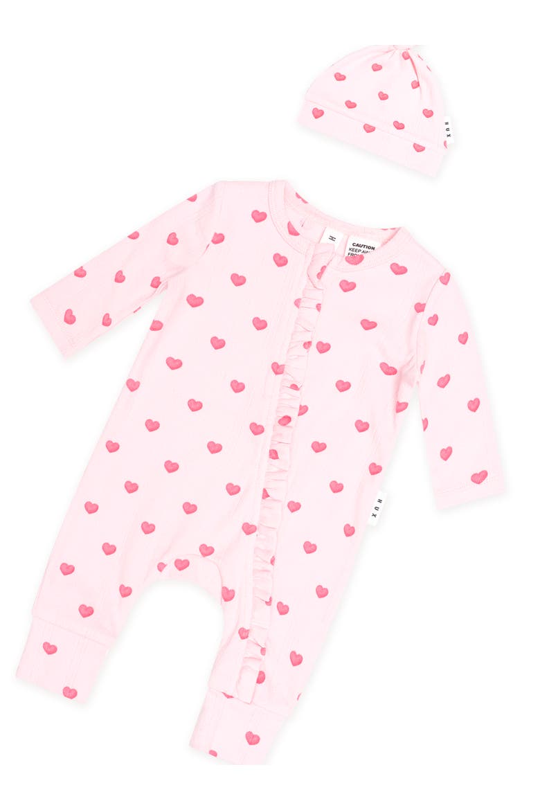 I Heart You Pointelle Frill Zip Romper & Beanie, Alternate, color, Baby Pink