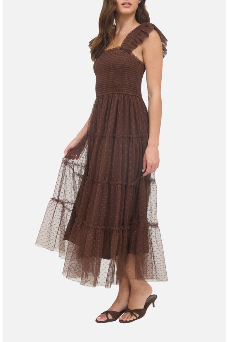 Mesh Smocked Tiered Midi Dress, Alternate, color, BROWN