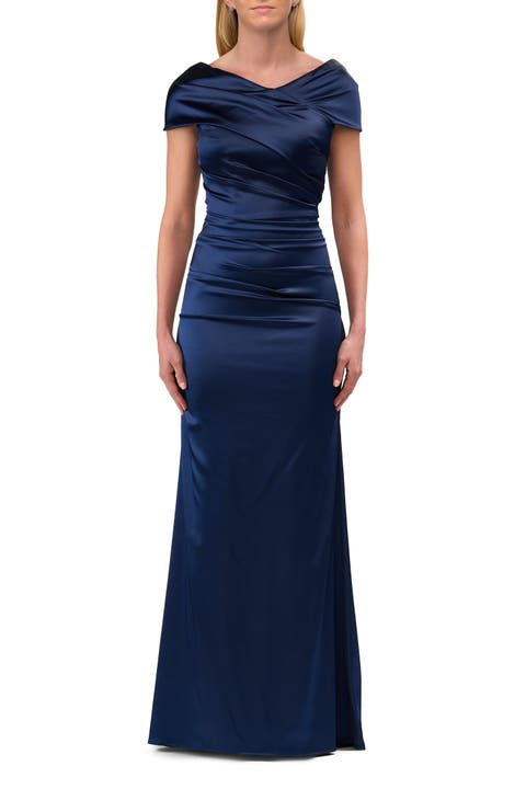Off the Shoulder Stretch Satin Ruched Evening Gown