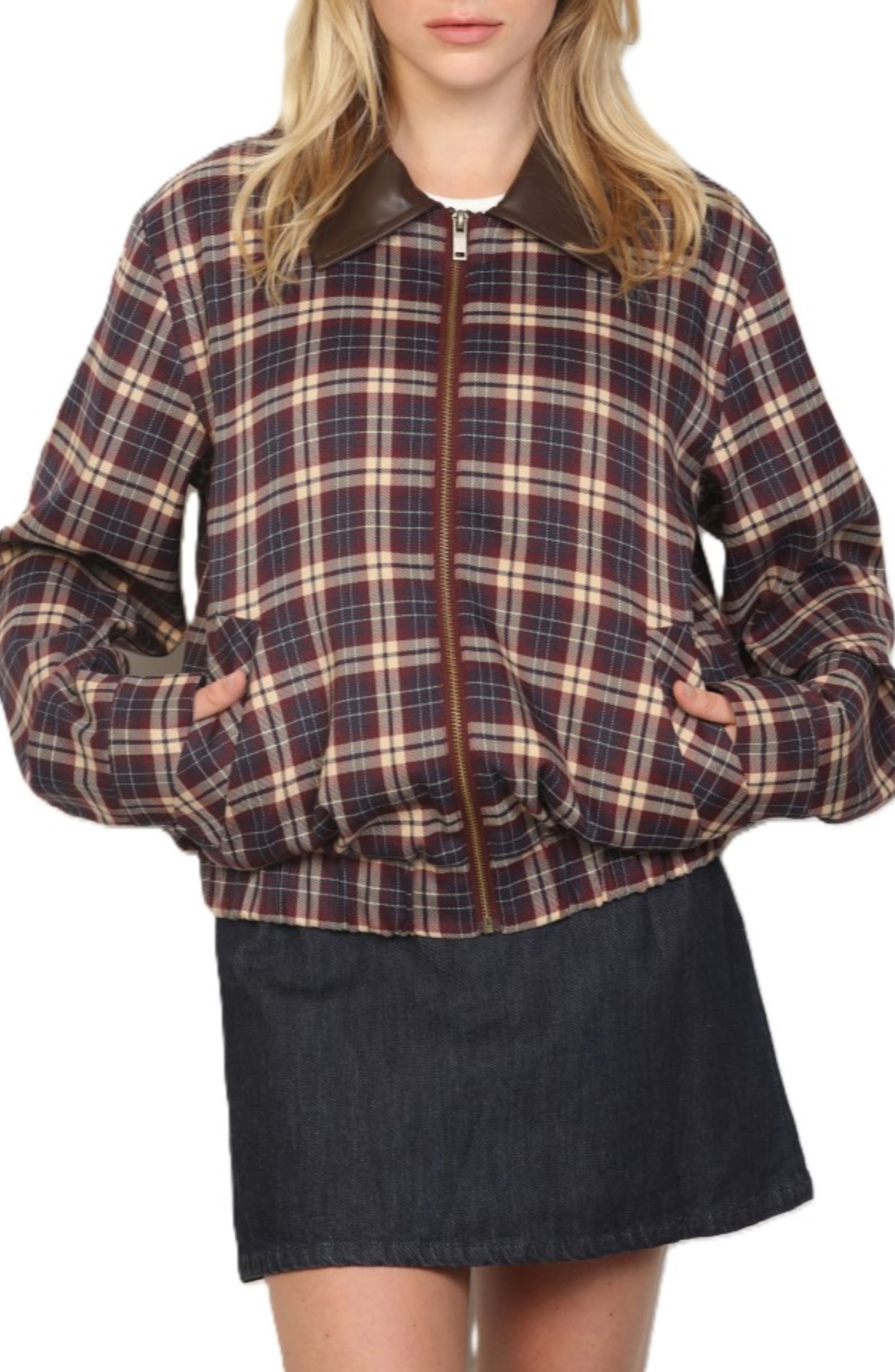 Plaid Faux Leather Collar Jacket