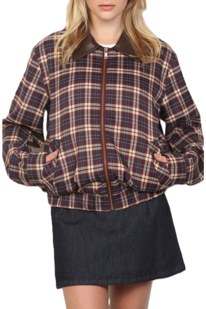Plaid Faux Leather Collar Jacket, Main, color, BURGUNDY PLAID